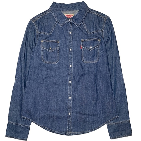 LEVIS Denim Shirt Girls Size XL Youth Juniors Pearl Snaps Western Button Up - Picture 1 of 6